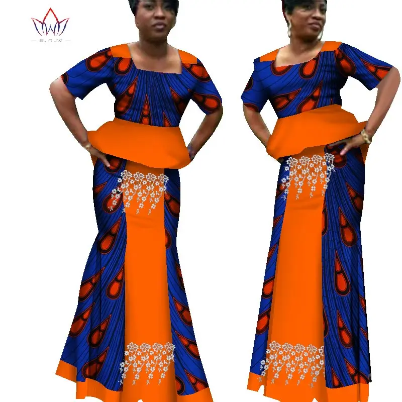 

2019 New African Print Summer Dress For Women Dashiki 2 Piece Skirts Set Plus Size Square Collar Traditional Clothing WY1563
