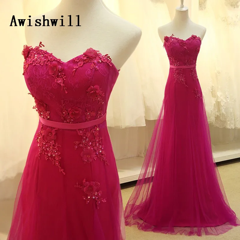Real image Long Prom Dress With Applique Lace Custom Made Rose Red Tulle Delicate Formal Dresses