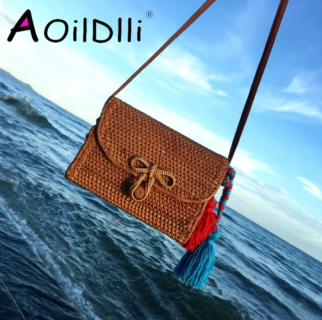 

Bali Bohemia Beach Circle Bag Island Hand Woven Bag Square Butterfly buckle Rattan Straw Bags Satchel Wind bag