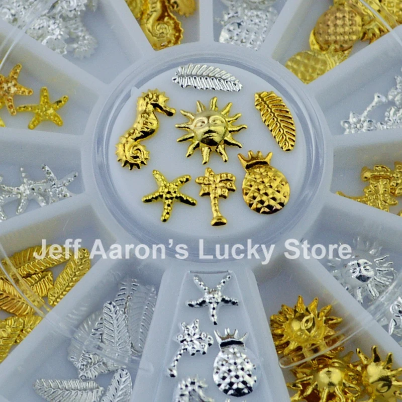 

120PCS Beauty Summer 3D Metal Nail Art Decoration Accessories Gold Silver Coconut Tree pineapple Feather Wheel
