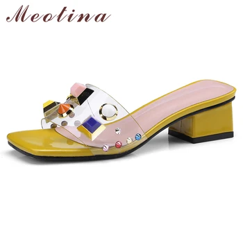 

Meotina Summer Slippers Women Shoes Transparent Square Heels Shoes Rivets Open Toe Party Slides Ladies Sandals Pink Plus Size 43