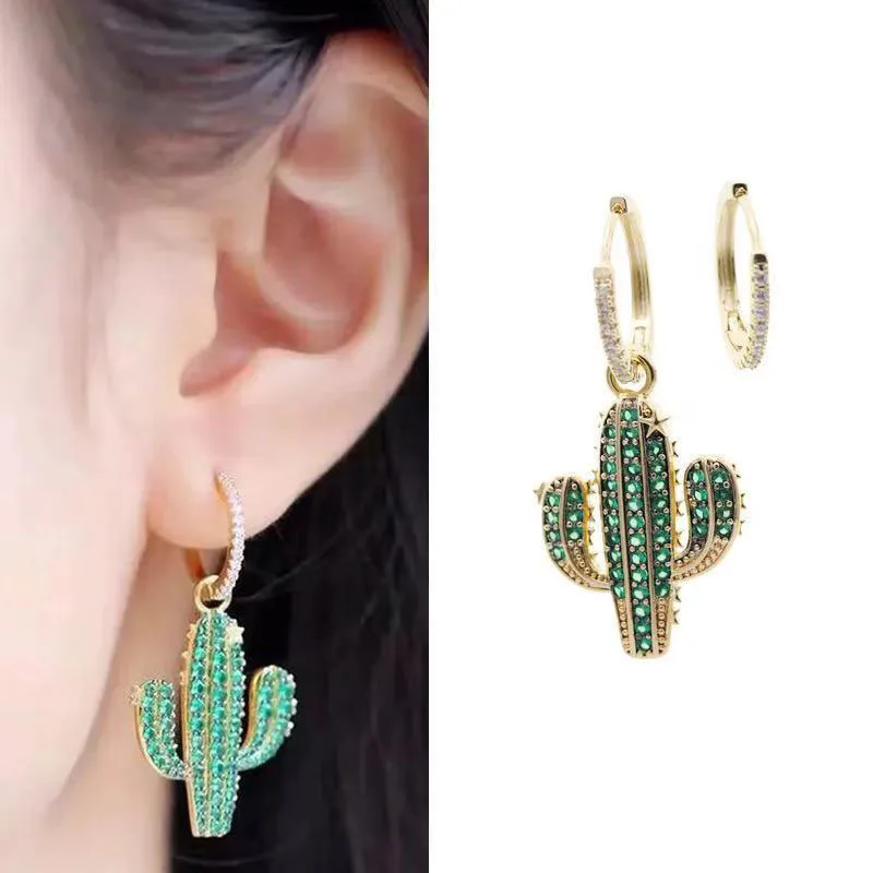 

Top Quality Gold Color Gorgeous Asymmetric Drop Earrings Cute Green Cactus Pendant Earrings For Women Ins Jewelry