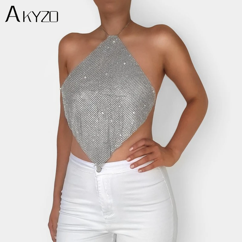  AKYZO Women Luxury Handmade Rhinestones Camis Backless Metal Chain Nightclub Tops Summer Party Club