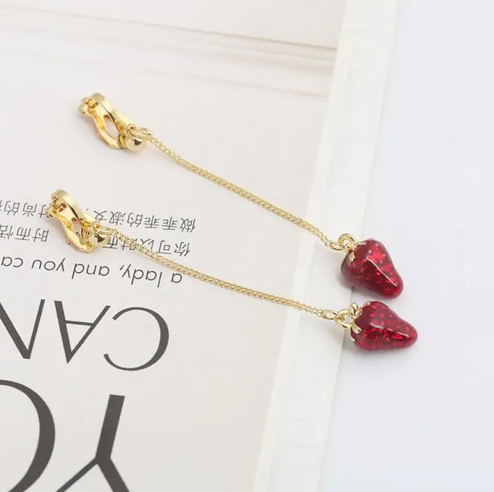 

Grace Jun Korea Style Fashion Long Style Tassel Strawberry Shape Clip on Earring No Pierced and Enamel Pierced Earrings Bijoux