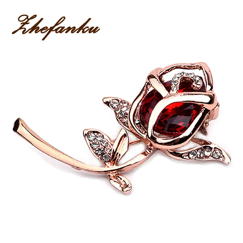 Crystal Rose Flower Brooch Pin Rhinestone Alloy Rose Gold Brooches Birthday Gift Garment Accessories
