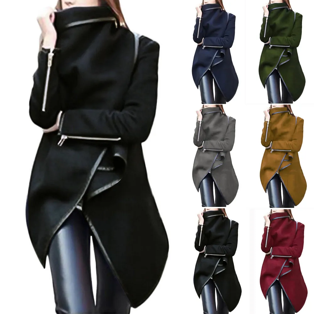 

High Quality Coat Female Women Irregular Bow Zippers Sleeve Long Warm Coat Wool Jacket Parka Windbreaker