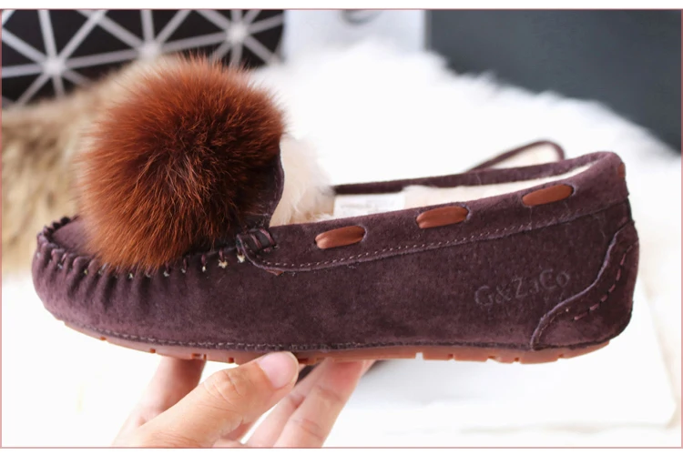 Autumn Winter Suede Shoes Women Flats Genuine Leather Flat Shoes Natural Wool Sheep Fur Natural Ball Fox Fur Women Shoe