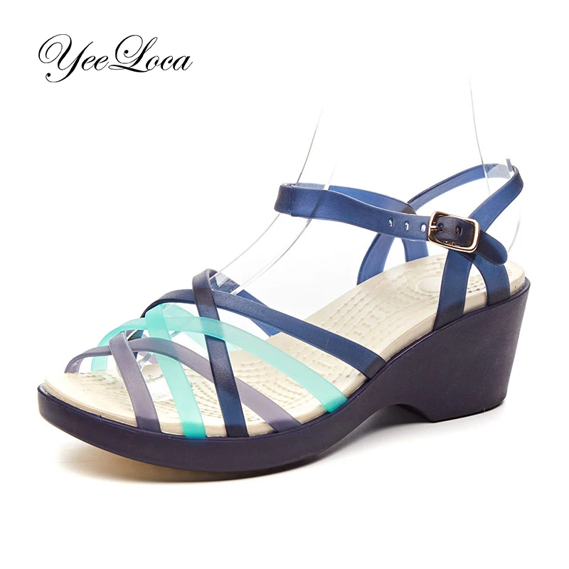 

Woman Jelly Shoes High Heel Wedge Rainbow Sandalias Women Sandals Summer New Candy Color Peep Toe Strappy Beach Mujer Slippers