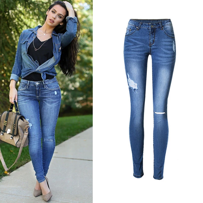 2018 Pencil Jeans Woman Vintage Hole Sexy Low Waist Ripped Jeans For Women Vintage Skinny Blue Jeans For Women Denim Pants