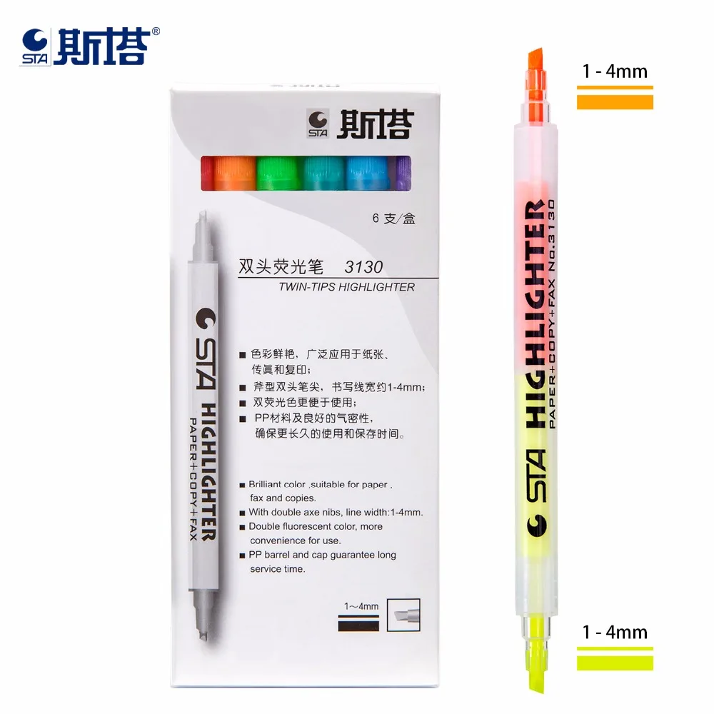 

STA Fluorescent Marker Pen 6Pcs Dual Tips 7 Color Creative Highlighter Pen for Paper Card School Office Stationery Supplies