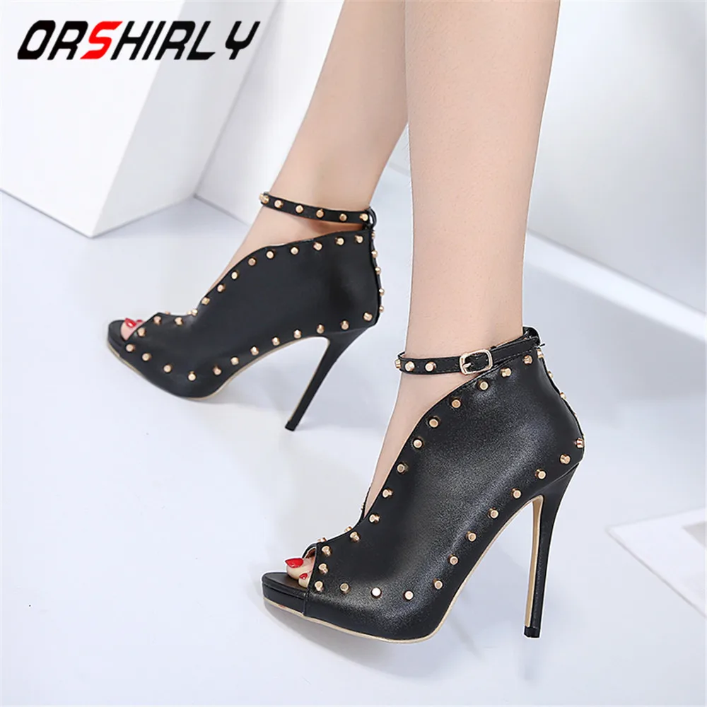 

Orshirly Cool Rivet Studded spring Ankle Boots Women Thin Heels Open Toe Buckle Strap Motorcycle Martin Boot Women sandals pumps