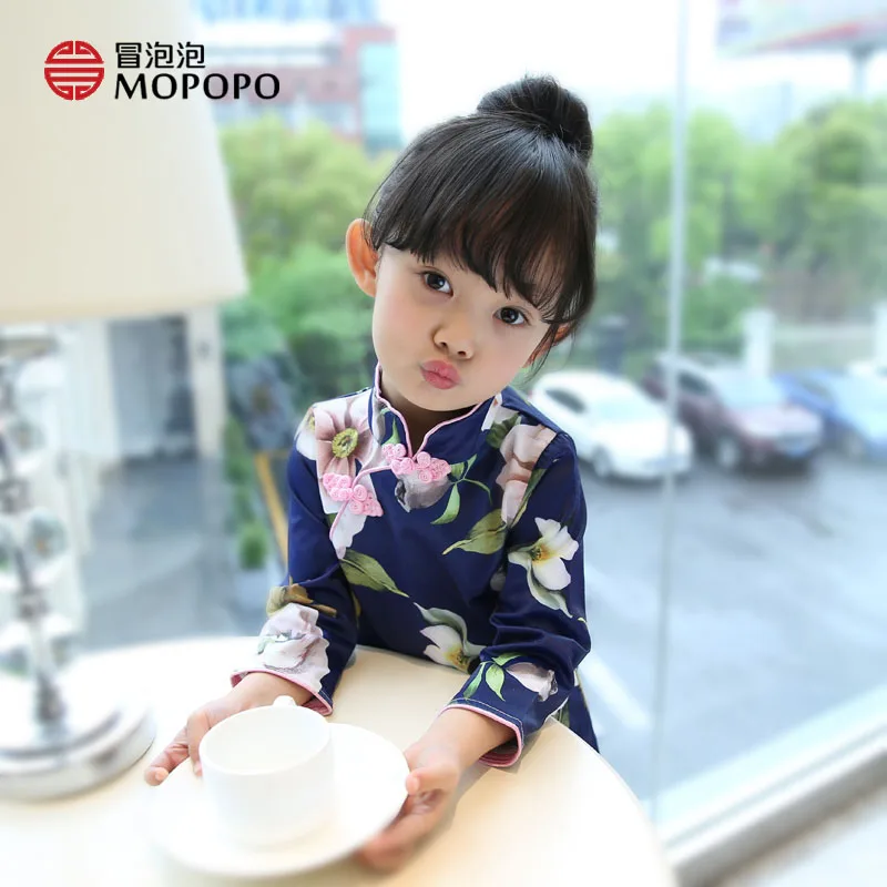 Children Dress Girl Autumn 2017 Flower Cotton Dress Chinese Style Long