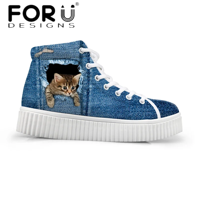 Женские стильные туфли на высокой платформе FORUDESIGNS милые синие джинсовые с