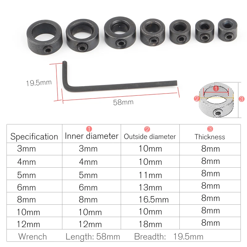 7pcs 3/4/5/6/8/10 / 12mm Drill Depth Retaining Ring Ring Locating Pin Hex Wrench Kit Round Woodworking Screw Clamp Drill Bit 7pcs 3/4/5/6/8/10 / 12mm Drill Depth Retaining Ring Ring Locating Pin Hex Wrench Kit Round Woodworking Screw Clamp Drill Bit