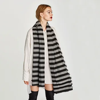 

European and American new autumn and winter gold thread Black Grey Stripe Scarf double faced double colored cashmere shawl
