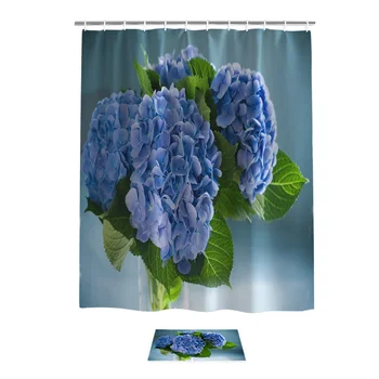

Blue Purple Hydrangea Flower Shower Curtain Doormat Sets 2 Piece Bathroom Set Waterproof Outside Toilet Modern Rings Women House