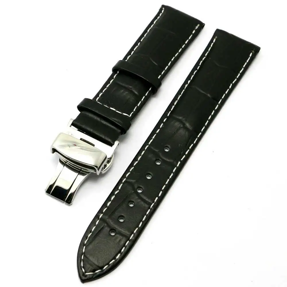 

High Quality Black 18/20/22MM Genuine Leather Watch Stainless Steel Push Button Hidden Clasp Strap Band For Smart Watches