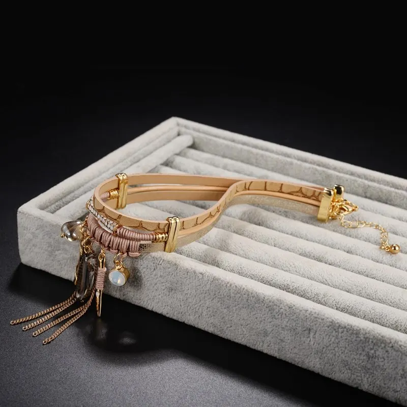 Bohemian Tassel Choker Necklace With Brown Leather Chain*