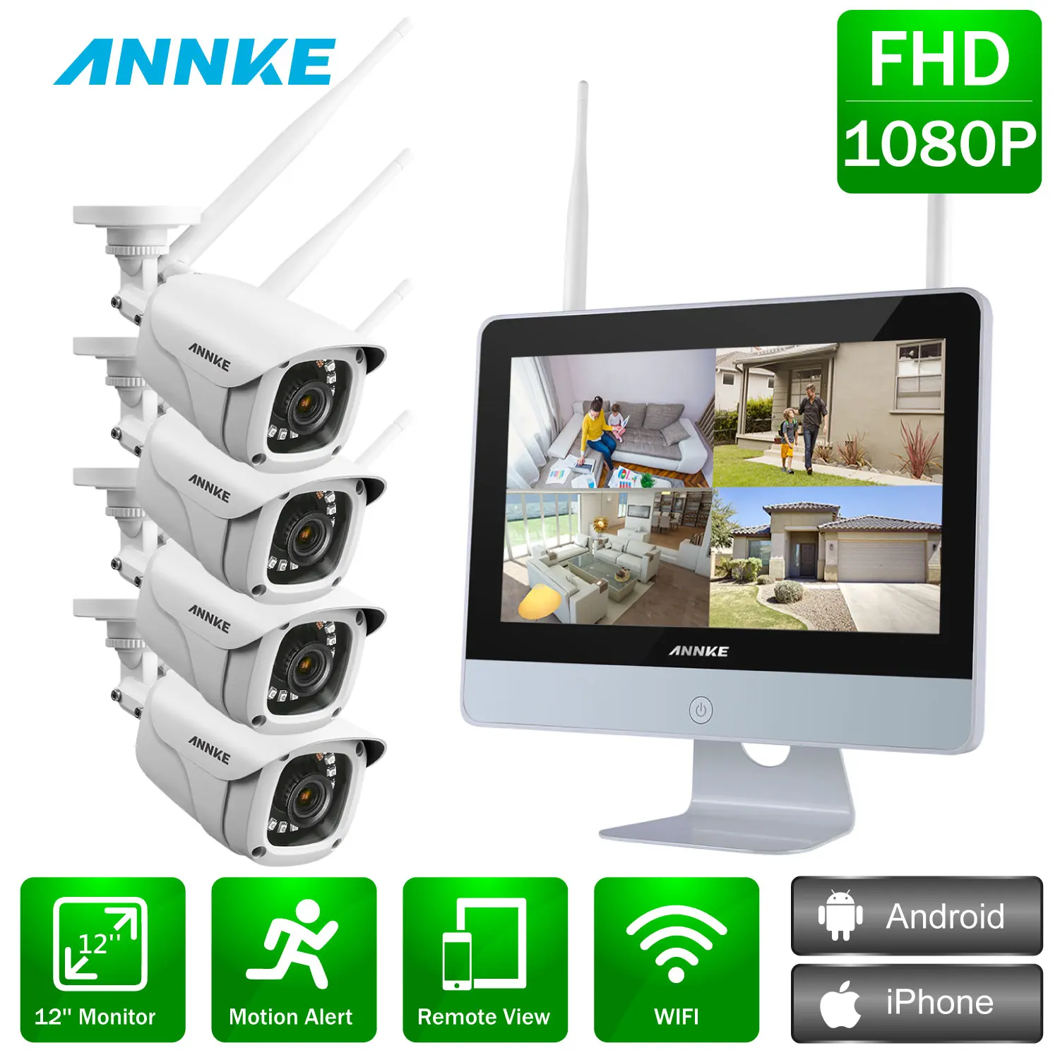 

ANNKE 4CH 1080P FHD Wireless Video Security System 12inch LCD Screen NVR 4PCS 2MP Bullet IP Camera Outdoor CCTV Surveillance Kit