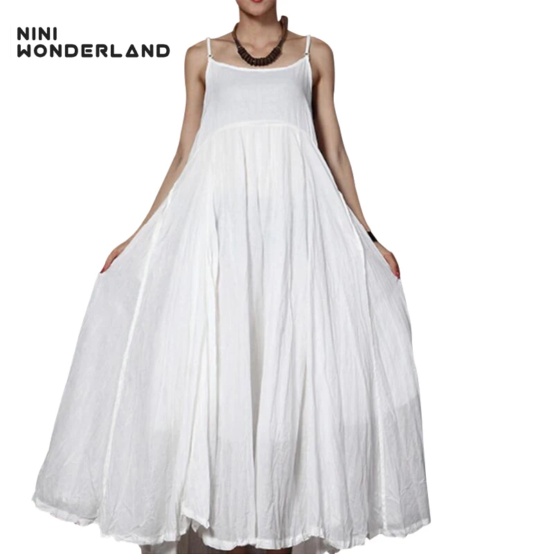 

NINI WONDERLAND Women fashion solid color cotton linen Bohemian beach long dress sleeveless spaghetti strap big swing maxi dress