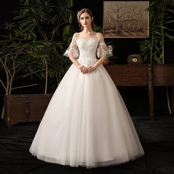 SUPER DESCUENTO ❤️ Vestido De novia Vintage De media manga con cuello redondo, apliques De encaje De talla grande, hecho a medida, novedad De 2019 - discount item 31% OFF Bodas y eventos