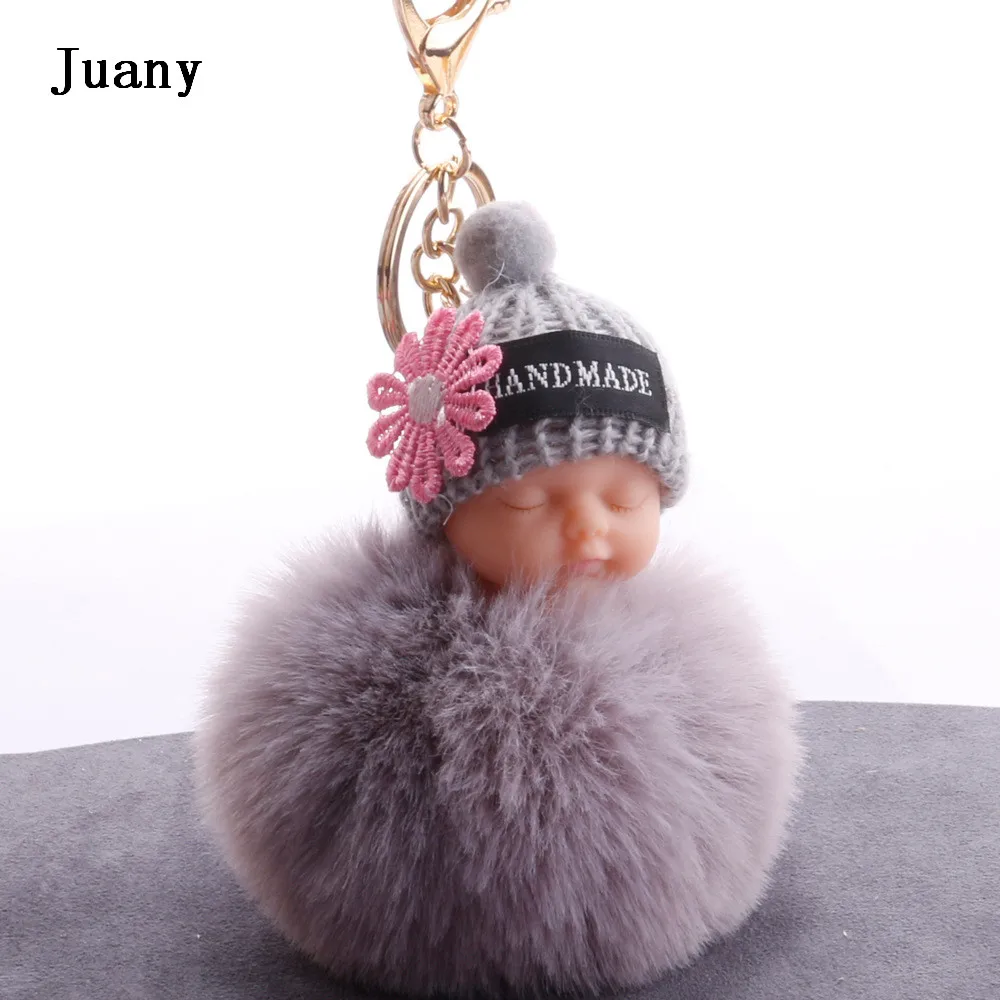 Fluffy fur pompom keychain cut sleeping baby doll keychain fake rabbit fur key chain 04