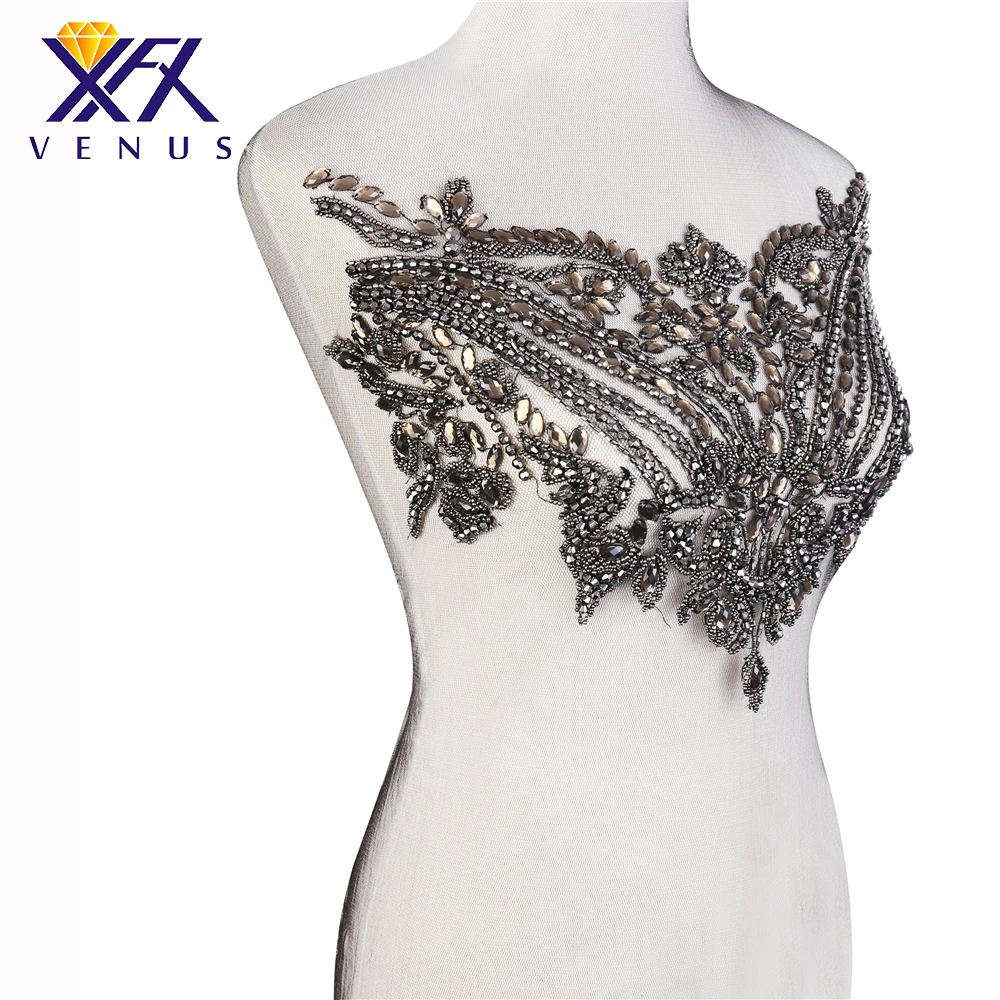 

XINFANGXIU 1Pcs Handmade Black Rhinestone Patch Beaded Applique Large Size Wedding Dresses Accessories Embroidery Trimming