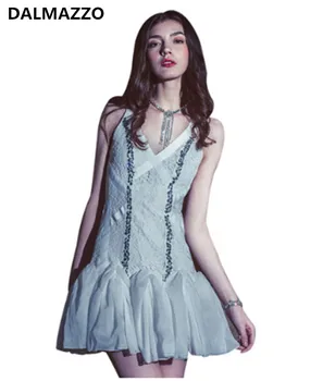 

2019 Newest Thailand Design White Women Runway Sexy Vest Dress high quality V Neck Sleeveless Lace Diamond Tank Mini Dresses
