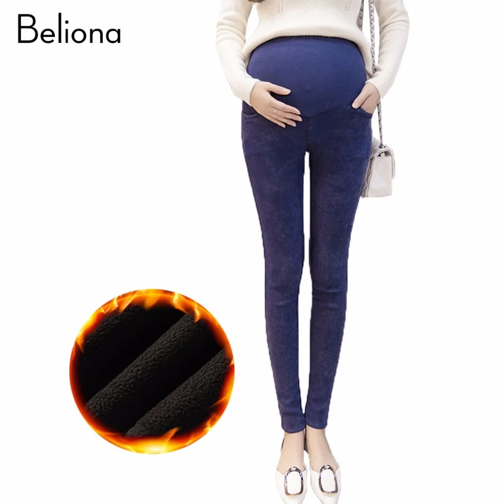 Зима имитация джинсы для беременных Для женщин теплая забота пояс для беременных брюки леггинсы стрейч Одежда для беременных M-XXL