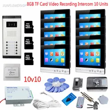 Home Video Doorman Recording 7″ Color Monitors Door Intercom For 10 Apartments Door Bell Camera With Rfid Door Lock 8GB TF Card