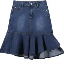 Размера плюс 9XL! Джинсовая юбка летняя до колена с асимметричным подолом с оборками юбка рыбий хвост пакет бедра высокая Талия Русалка труба юбка