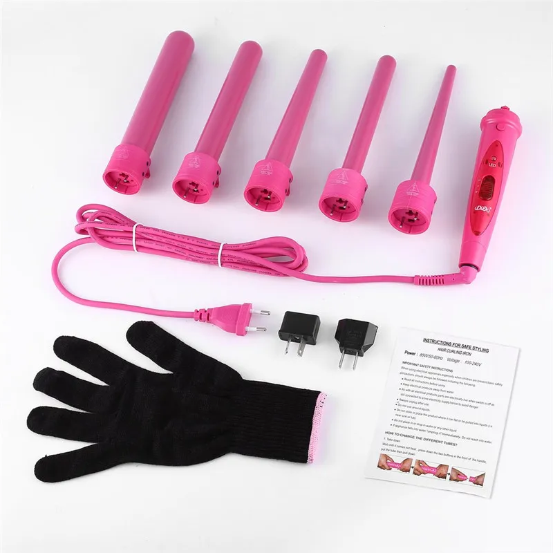 

Pro 5 Part Interchangeable Hair Curling Iron Machine Ceramic Hair Curler Multi-size Roller Heat Resistant Glove Styling Set