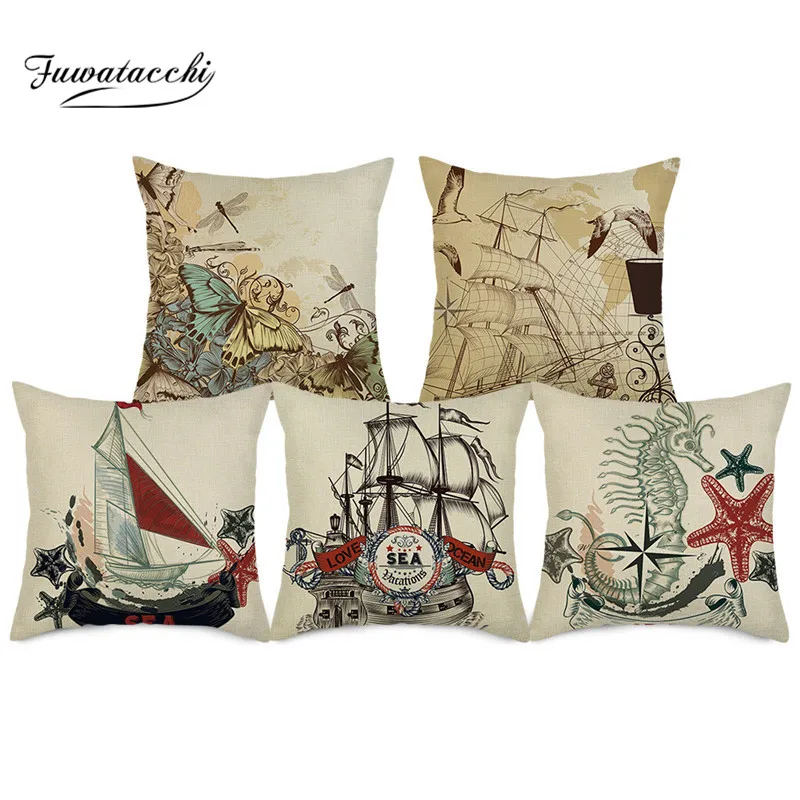 

Fuwatacchi 100% Pure one side Linen Cushion Cover Ocean ship Throw Pillow Cover Pillowcases cushion cover home decorative pillow