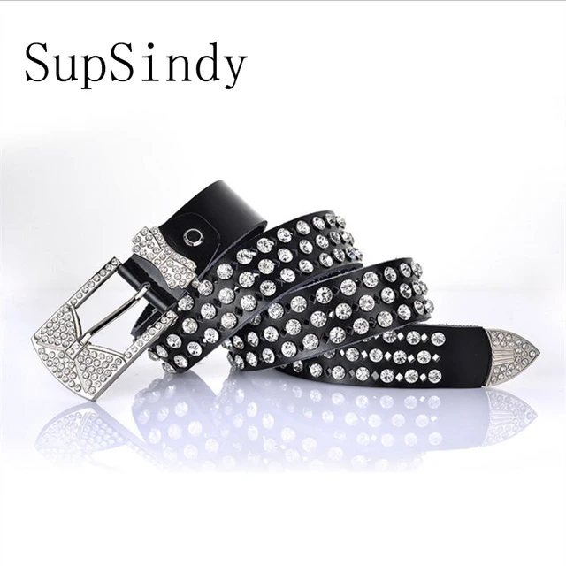 SupSindy Women Leather Belt Punk luxury Rhinestone Pin Buckle Female