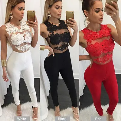 

Lace Sleeveless perspective Back zipper Curve-hugging fit Stretchy Womens 4 Colour Party Playsuit Ladies Long Jumpsuit Size