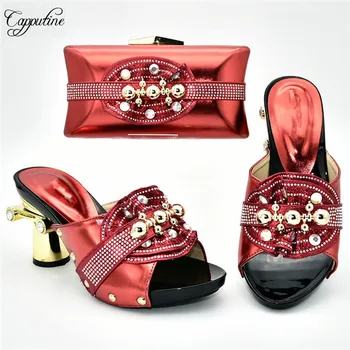 

Popular red with shinning stone wedding/party high heel pump shoes with evening handbag set 388-4, heel height 9cm