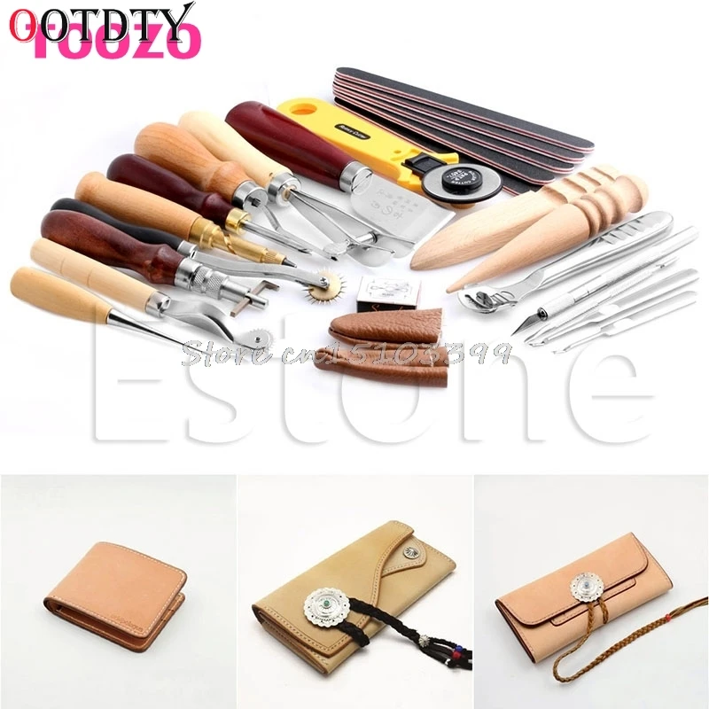 

OOTDTY Leather Craft Punch Tools Kit Stitching Carving Working Sewing Saddle Groover Drop Ship