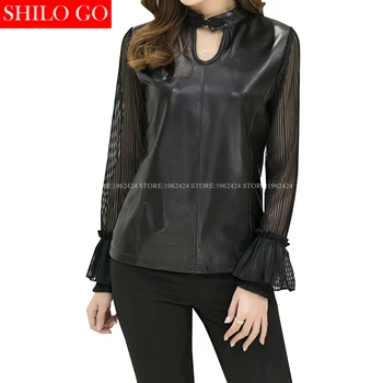 

SHILO GO NEW Fashion Street Women Vintage V-Neck Sexy Chiffon Flare Sleeve Sheepskin Genuine Leather Short Blouse Ladies Blouse