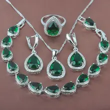 Женские комплекты ювелирных изделий из зеленого камня, циркония, 925 пробы, серебра, ожерелье, подвеска, серьги, кольца, браслет, YZ0106