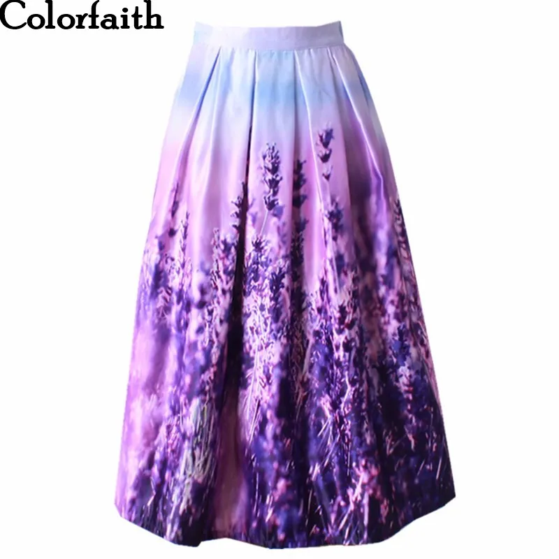 

New Women100cm Fashion Ball Gown Satin Long Skirt Vintage Retro Lavender Printed High Waist Pleated Flared Maxi Skirt SP005