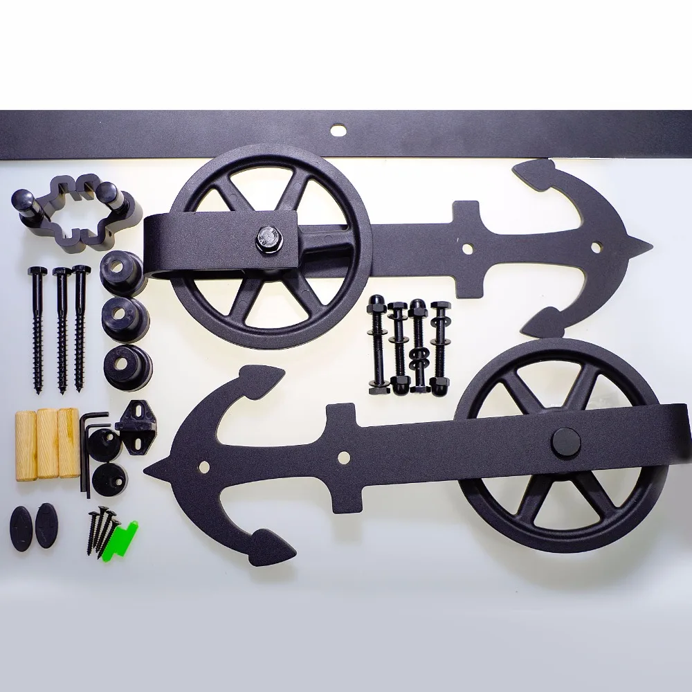 LWZH Closing Antique Style Steel Sliding Barn Door Hanger Track Hardware Kit Black Anchor Shaped with Big Roller for Single Door