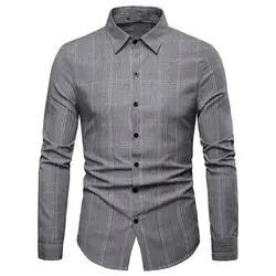 Весна 2019 повседневные мужские деловые рубашки с длинным рукавом Turn-Down collar Slim Fit Plaid Button Down Shirt