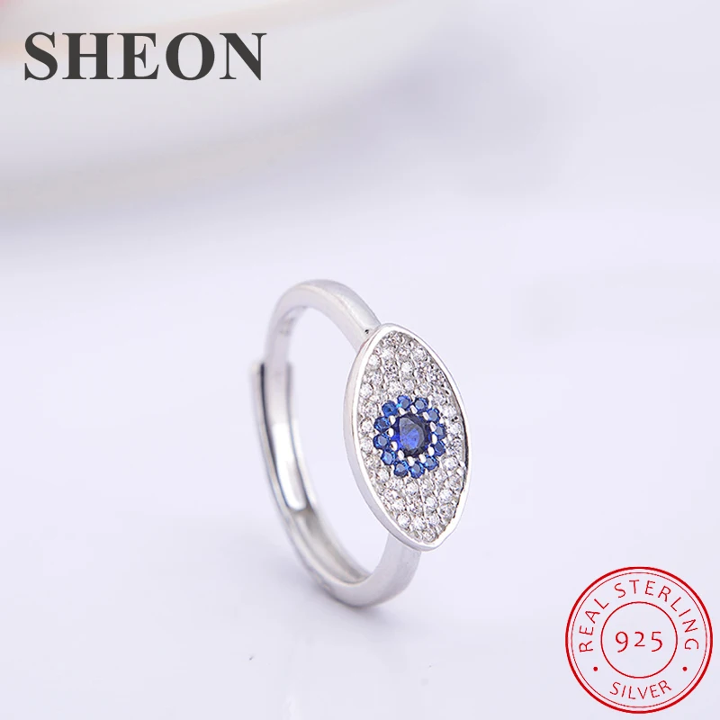 

SHEON Blue Devil's Eye Ring 925 Sterling Silver Pave Sparkling Zircon Open Adjustable Finger Rings For Women Anniversary Jewelry