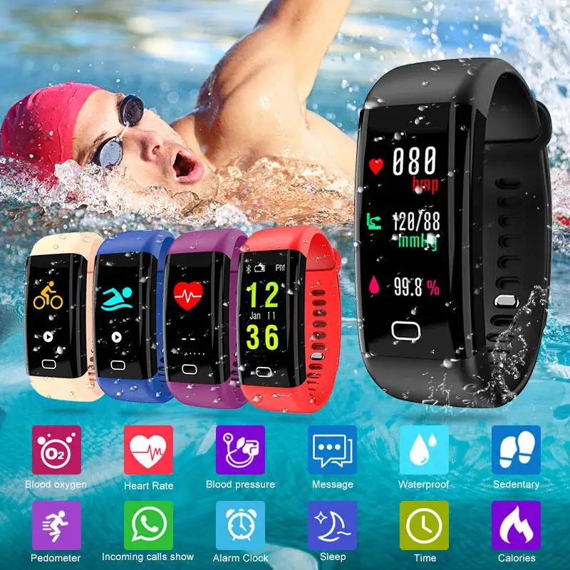 Bluetooth Smart Band Bracelet IP68 Waterproof Heart Rate Blood Pressure Blood Oxygen Monitor OLED Color Screen Smartband