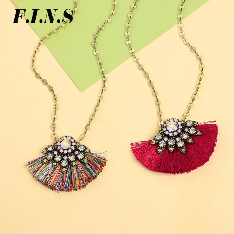 

F.I.N.S Ethnic 2 Colors Long Tassel Necklaces Pendants Women Bohemian Jewelry Cotton Thread Fringe Necklace Women Bijoux