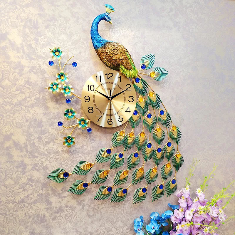 Настенные часы современный дизайн Европейский Peafowl 3D настенные часы креативные гостиная кварцевые немой Высокое качество настенные часы домашний декор