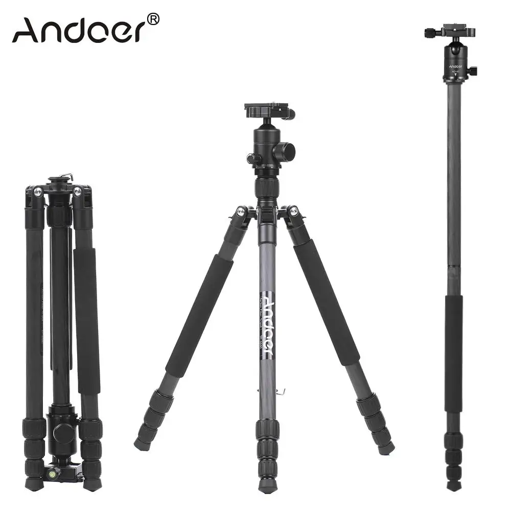 

Andoer TP-666C Carbon Fiber Professional Tripod Kit 4 Section Camera Tripod Stand with AD-10 Ball Head Max Height 163cm Load 6kg