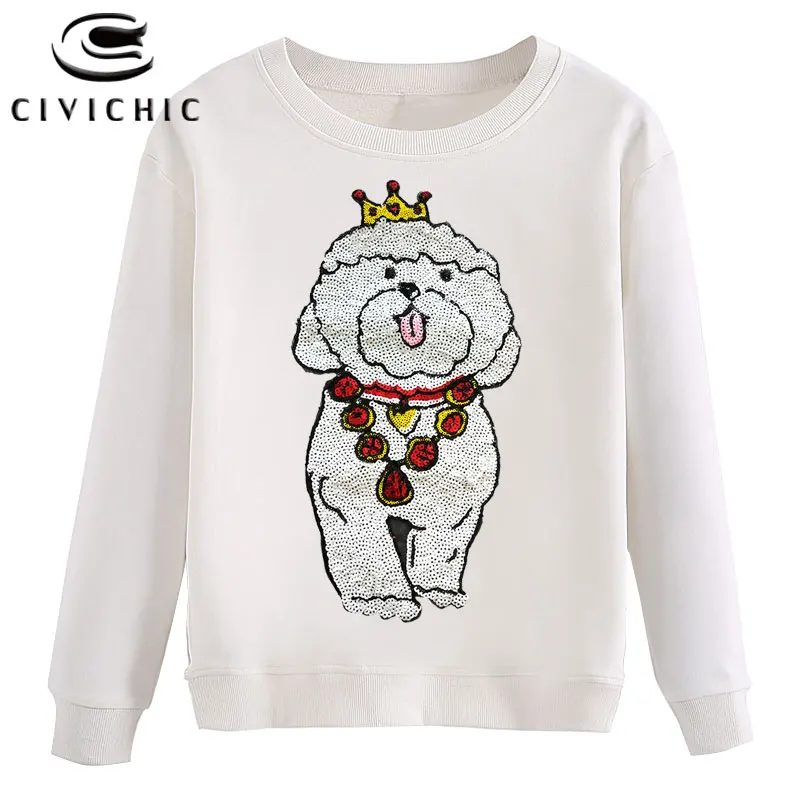 

CIVICHIC New Fashion Puppy Sequins Stitched Women Pullovers Blusas Mujer Sweatshirt Cute Dog Embroidery Tops Tee Plus Size WHD02