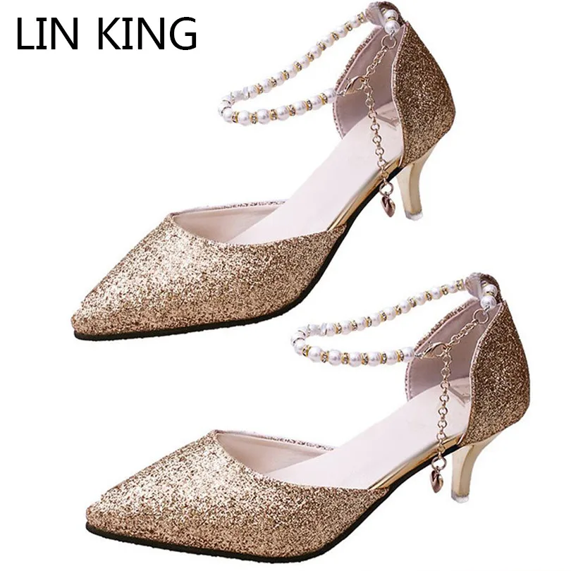 LIN KING Fashion Pearl Women High Heel Sandals String Bead Sexy Thin