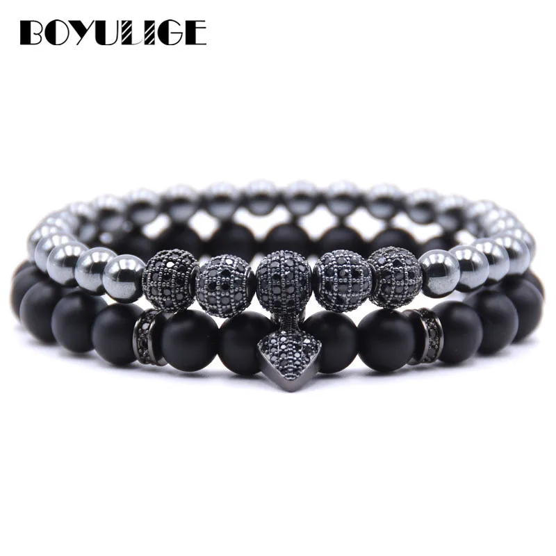 

Hot Men Bracelet Set Homme 8MM Black Natural Stone Elastic DIY Micro Inlaid Zircon Beaded Bracelets For Men And Women Jewelry
